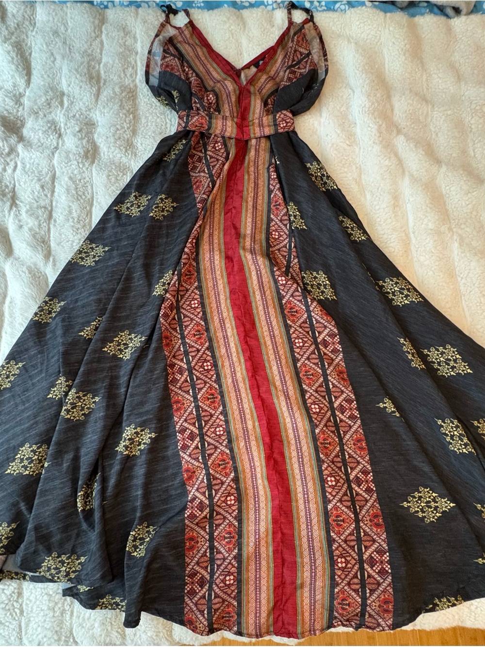 Bohemian Maxi Dress in Black and Red with Ethnic Stripe Detail